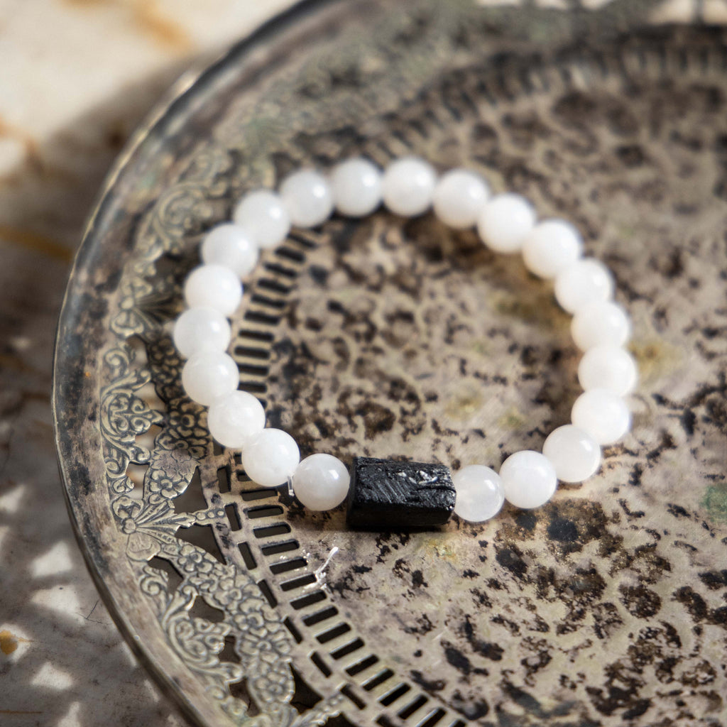 Rainbow Moonstone and Black Tourmaline Crystal Bracelet