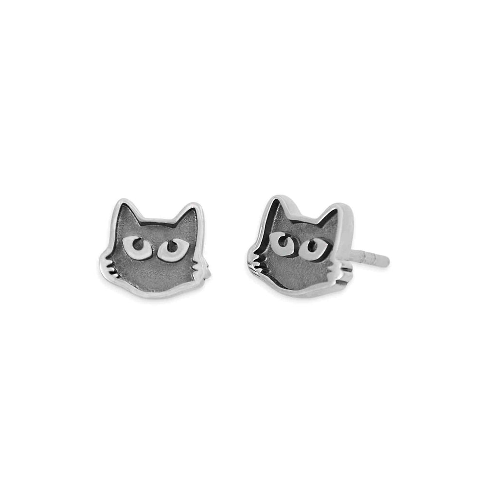 Black Cat Face Stud Earrings in Sterling Silver
