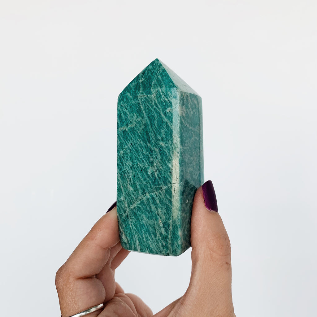 Polished deep turquoise Amazonite tower