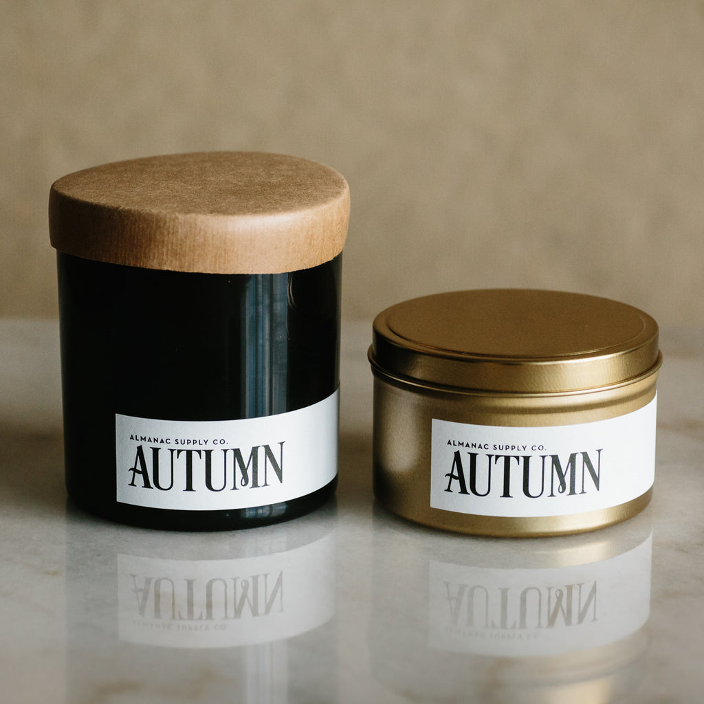 Fall candles in 7oz metal tin and 10oz glass tumbler