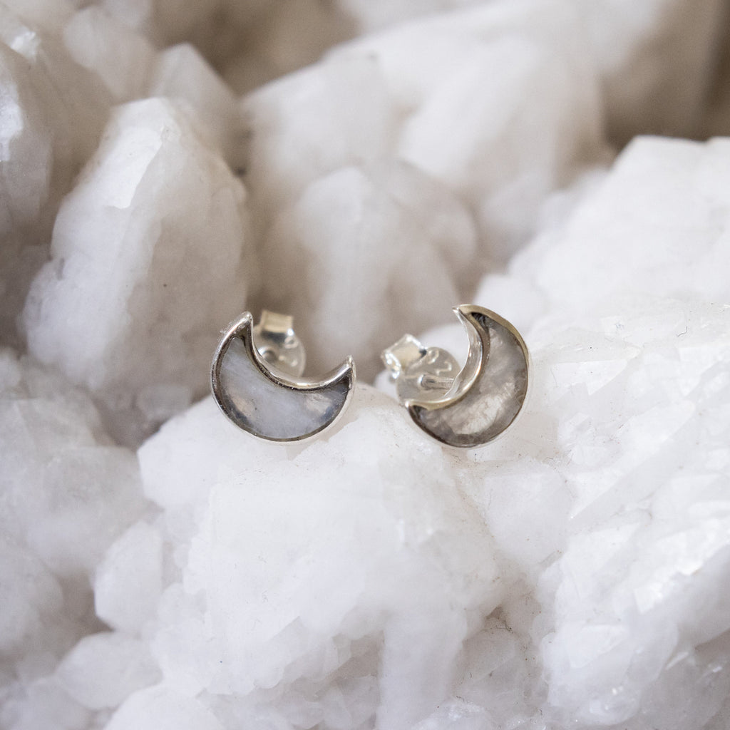 Rainbow Moonstone crescent moon stud earrings